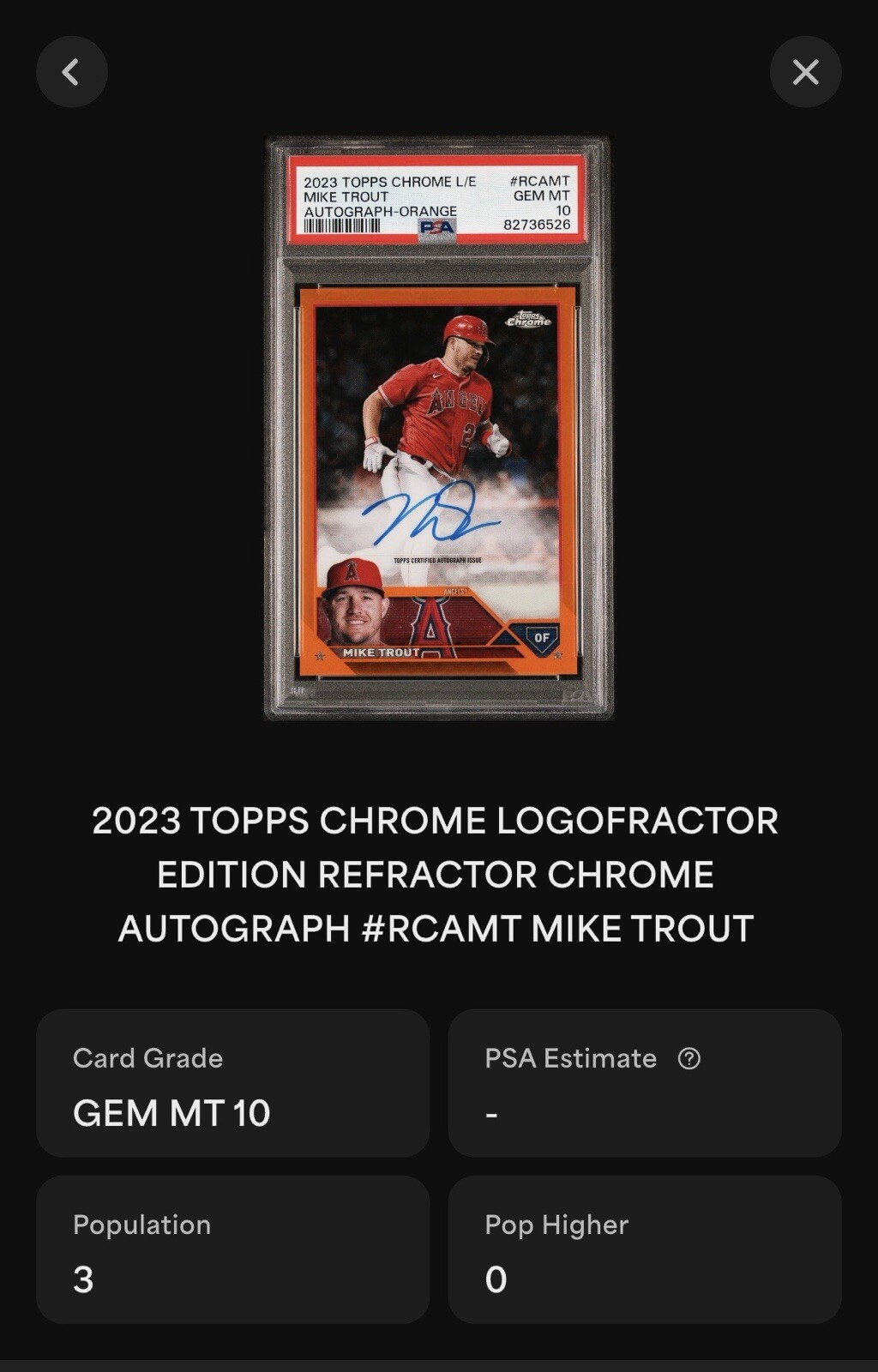 2023 Topps Chrome L/E  Mike trout Orange Logofractor Auto /25 PSA 10 #RCA-MT   view 3