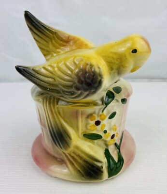 Vintage Pottery Planter Dish Bird Basket Flowers USA Made Garden Mid Century