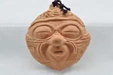 Japanese Clay Bell Ceramic Dorei Vintage Antique Dogu Face 9.5x9.5x4.5cm