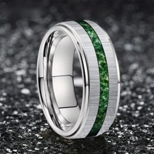 8MM Tungsten Carbide Ring Band Middle Groove Moss Agate Tungsten Ring Band