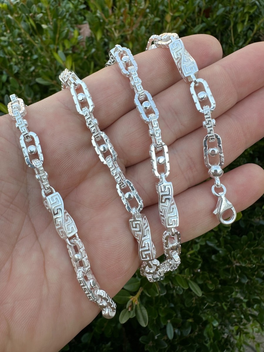 925 Sterling Silver Custom Greek Key Hermes Rolo Link Chain