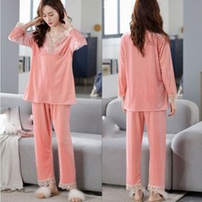 Lady Velvet Nightwear Suit Shirt and Pants Pullover Sleepwear Lace Neck Homewear
