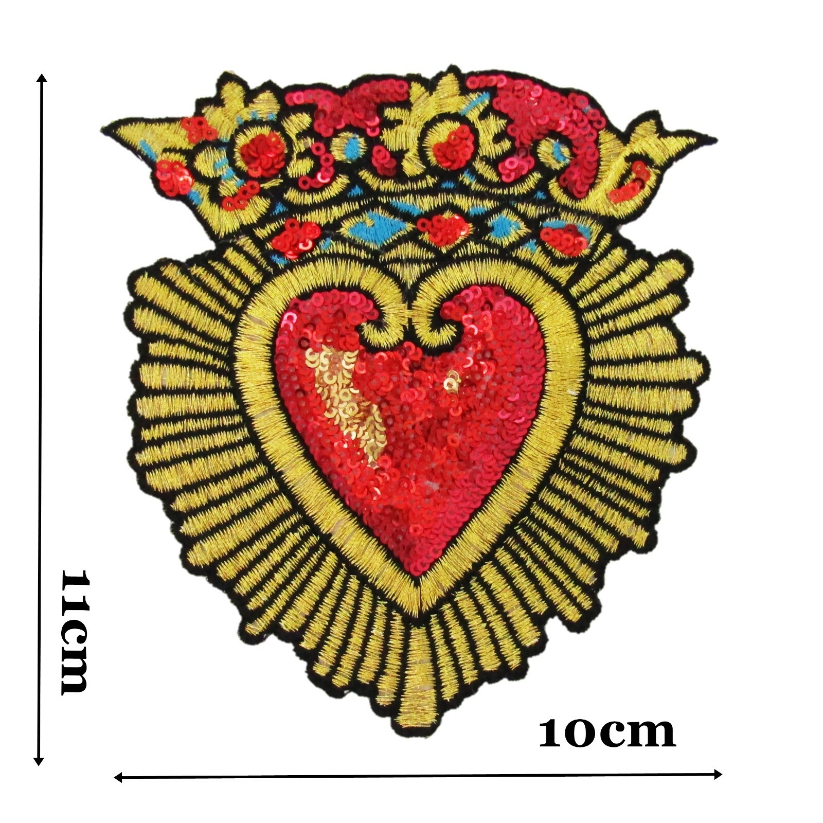 Crown Sequin Heart Iron On Patch Red Gold Embroidered Motif P487