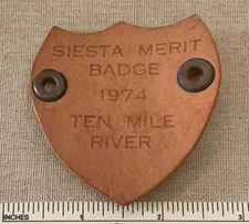 1974 TEN MILE RIVER CAMP Boy Scout Siesta Merit Badge Leather NECKERCHIEF SLIDE