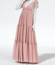 Ieena for Mac Duggal Women's Pink Tiered V-Neck Plunging Maxi Dress Size 10
