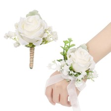 Ivory Rose Wrist Corsage and Men Boutonniere Set, Prom Flower Wrist Corsage B...