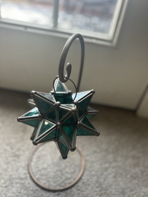 Moravian Star Candle Holder Green Glass On Metal Stand