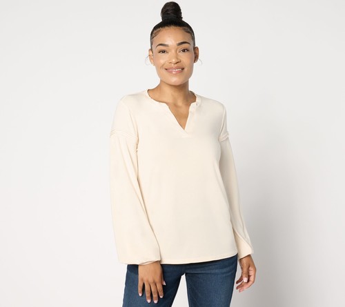 Me by Jennie Garth Damen Top Gr. L Sierra Drapey Strick Langarm Weiß A663656