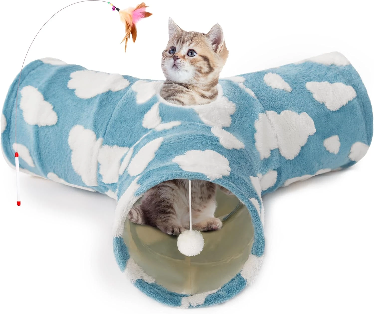 Plush Cat Tunnel Toy - 3 Way Collapsible Tunnel Tube Toy with Peek Hole Toy Ball