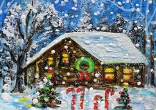 ACEO Original  PAINTING Winter XMAS HOUSE Cabin Trees Snow Holiday Landscape ART