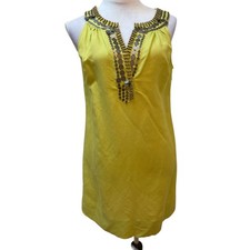 New York & Company Dress Women Small Yellow Linen Blend Beaded Boho Mini Shift