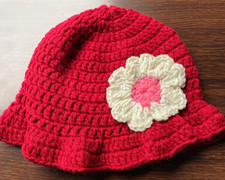 Handmade Crochet Red Bucket Hat w/White & Pink Flower USA made Beanie Toboggan