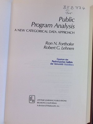 Public Program Analysis: A New Categorical Data Approach Forthofer, Ronald and R