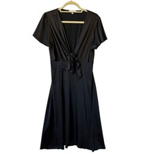 Baltic Born midi satin dress L Black V-neck Tie front Short sleeve Elastic waist