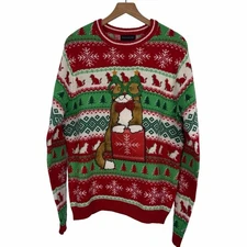 Mens Ugly Christmas Sweater Red White Green Size XL Cute Cat Sweater Contest