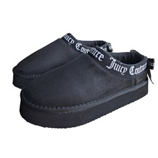 Juicy Couture Black Platform Slippers Logo Tape Bow Rhinestone Heart Charm 5.5/6