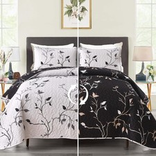 DJY Floral Quilt Set Full/Queen Size 3 Piece Botanical Queen, Black White