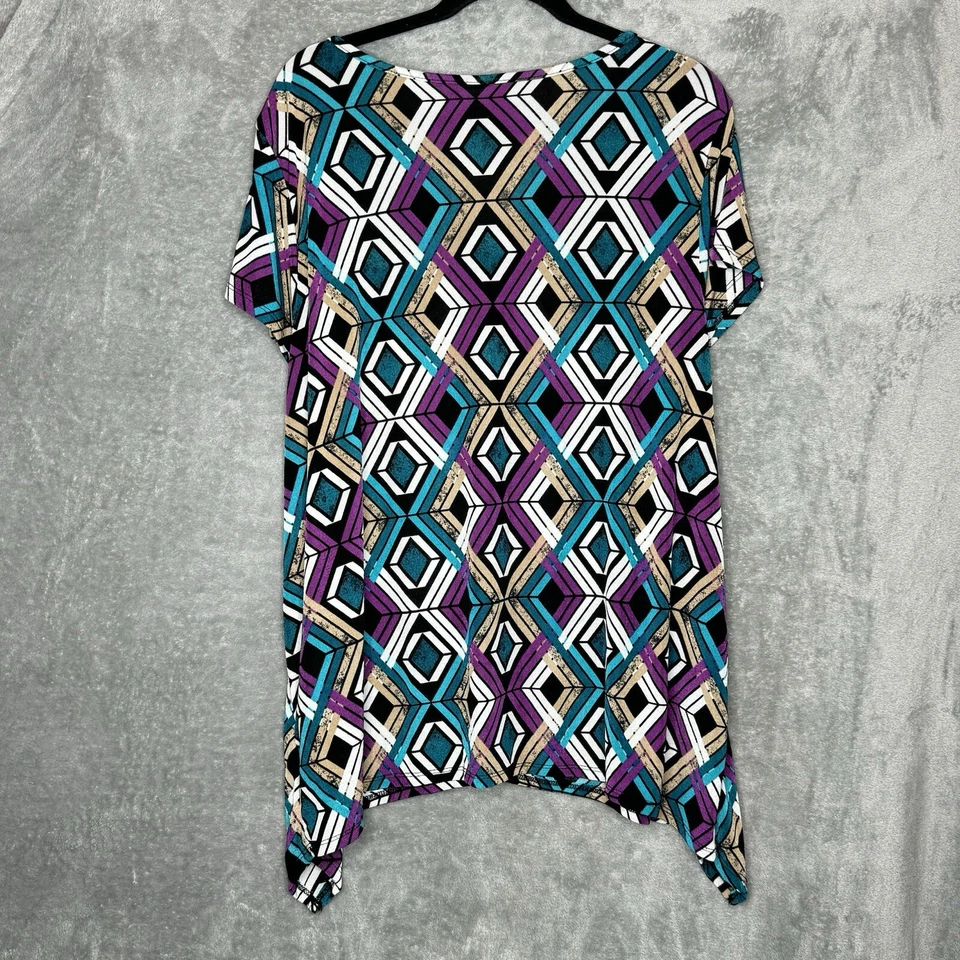 Camisa Top Jaclyn Smith XXL 2X Azul Teal Geométrica Manga Corta Cuello en V Elastizada Foto 4 de 4