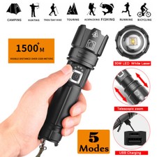 30W LED White Laser Flashlight USB Rechargeable Telescopic Zoom Torch 5 Modes