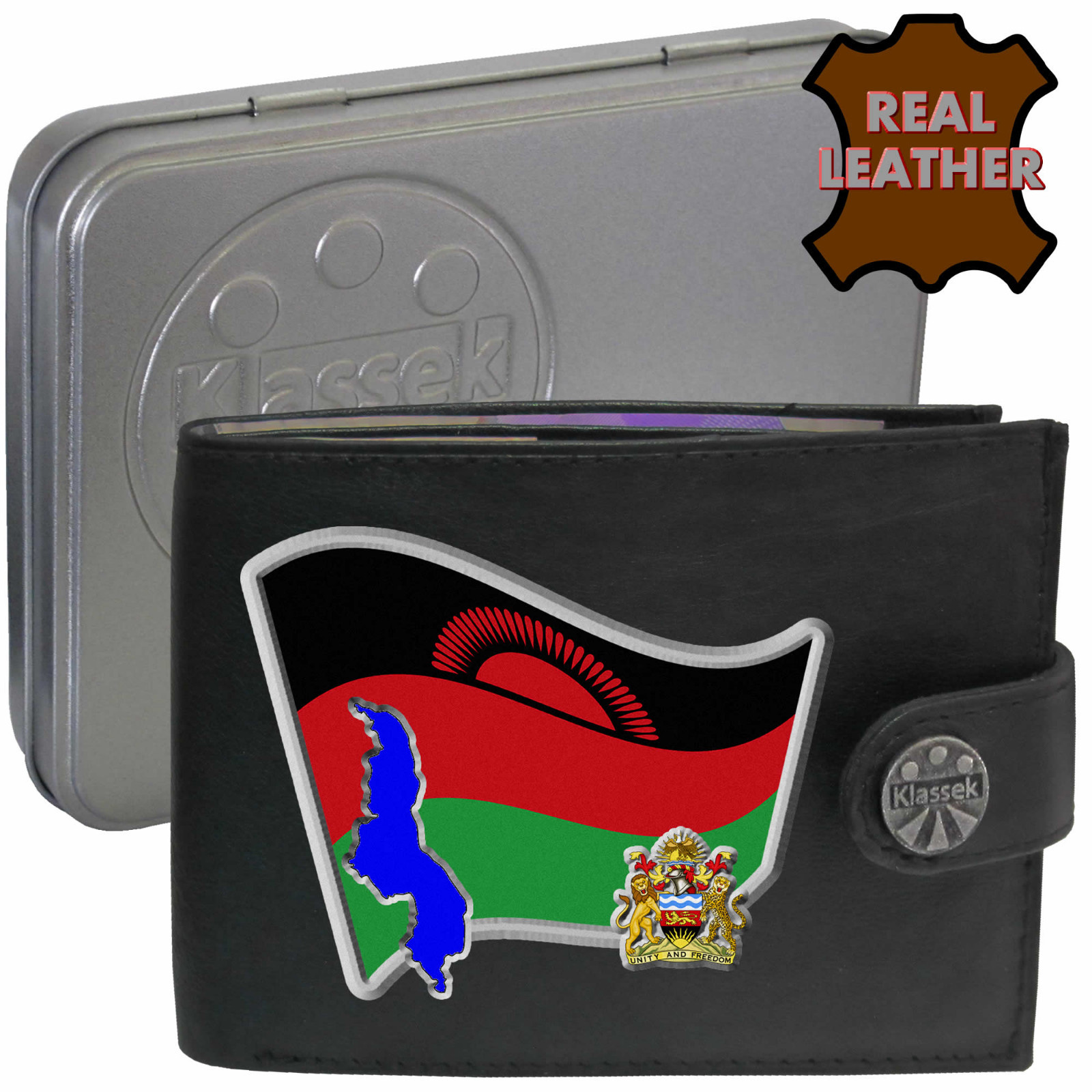 Malawi Malawian Flag Map Emblem Nyasaland Genuine Leather Wallet Gift Tin RFID