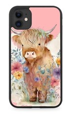 Highland Cow Rubber Phone Case Flowers Scottish High Land Cattle Cows Pink AT31