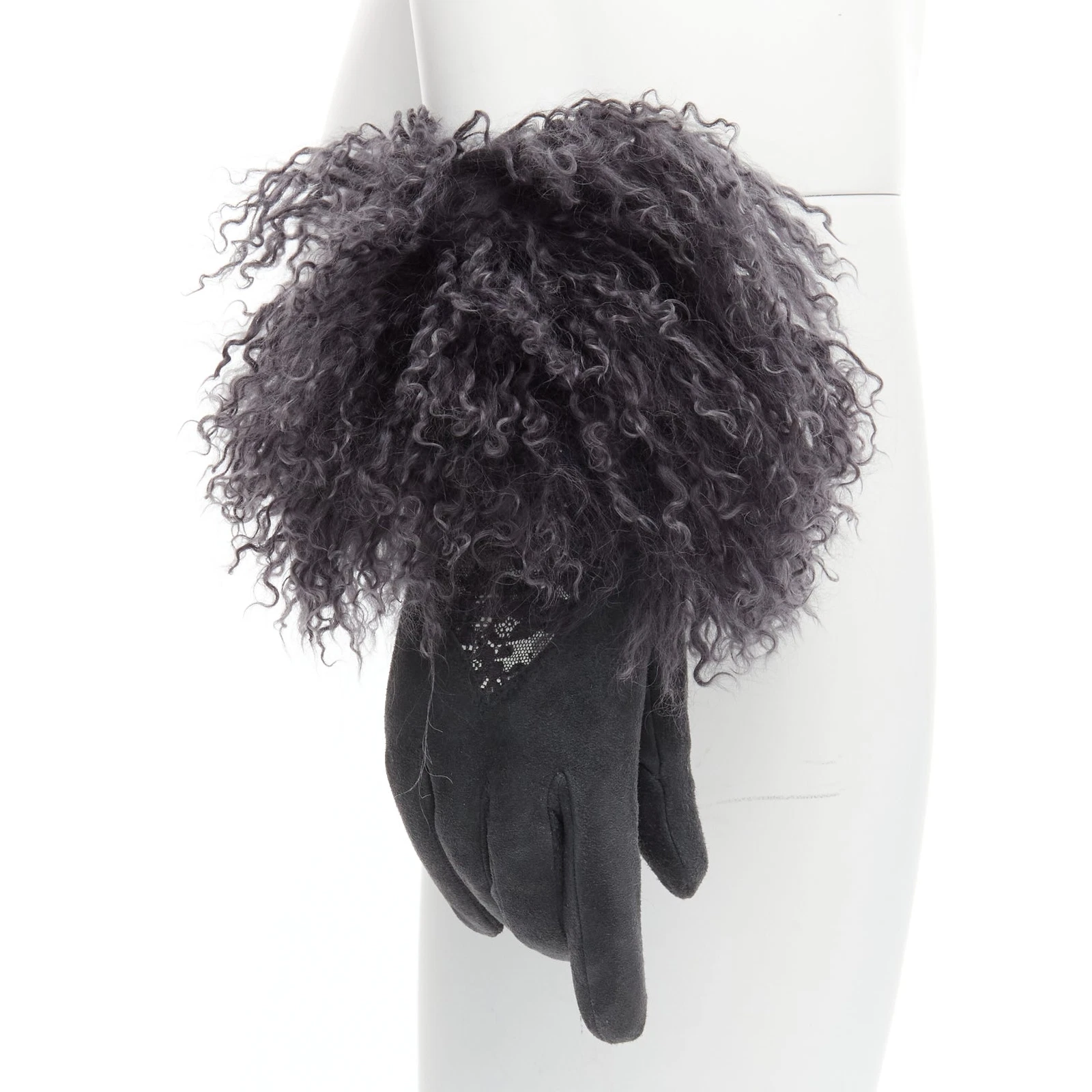 CHRISTIAN DIOR Gants vintage gris mongole fourrure de mouton daim dentelle panneau 7,5