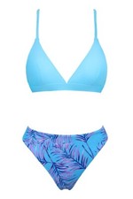 KAMONI BLUE TROPICAL PRINT V NECK CRISSCROSS BACK TIE LOW WAIST bikini - S