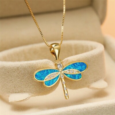 Blue Opal Dragonfly Gold Pendant Necklace Crystal Beautiful Nature Jewelry