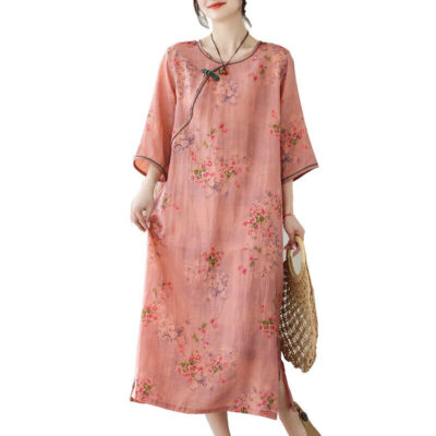 Womens Chinese Style Round Neck Loose Cheongsam Summer Split Qipao Floral Dress