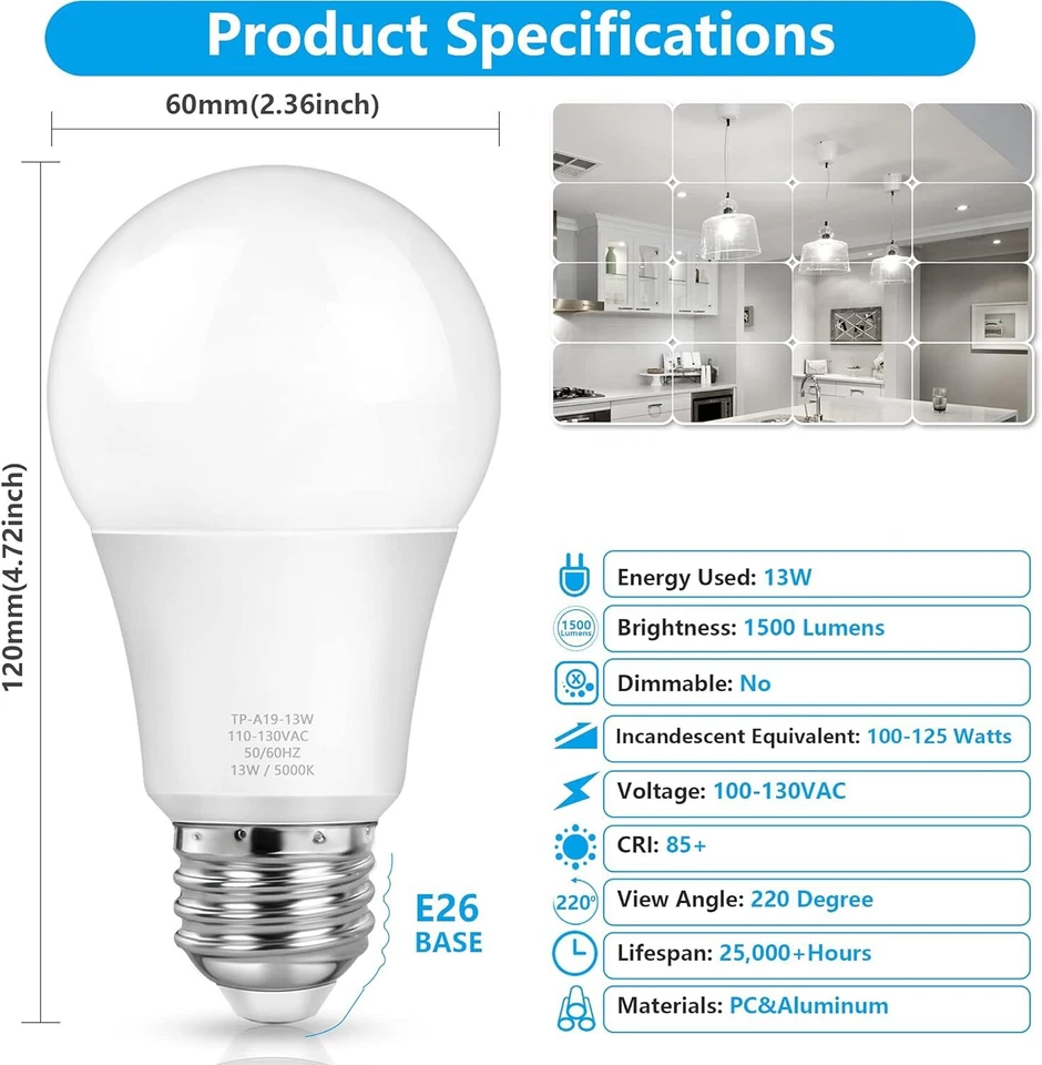 4-Pack A19 LED Light Bulbs 80W Equivalent E26 Base 9W 1000LM Daylight 5000K - Image 4 of 4