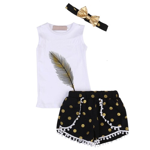 Toddler Kids Baby Girl Summer Clothes Feather Vest Top Shorts Headband Outfits - Picture 7 of 7