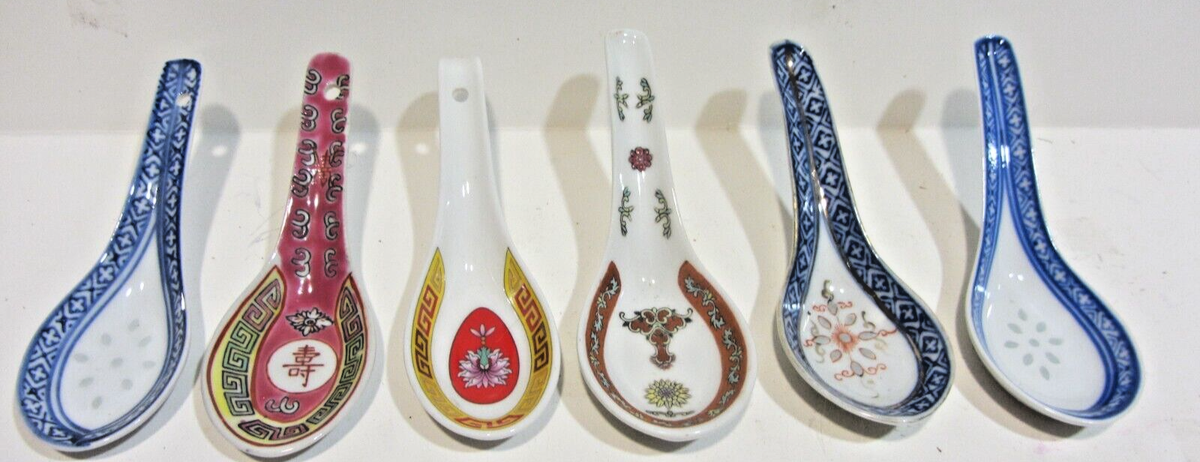 6-Piece Asian Soup Spoons – Chinese Japanese Style, Long Handle, Melamine Plastic, Red & Black, Unbranded