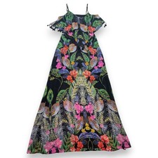 Takara Tropical Floral Geometric Pom Pom Cold Shoulder Maxi Dress Womens Black M