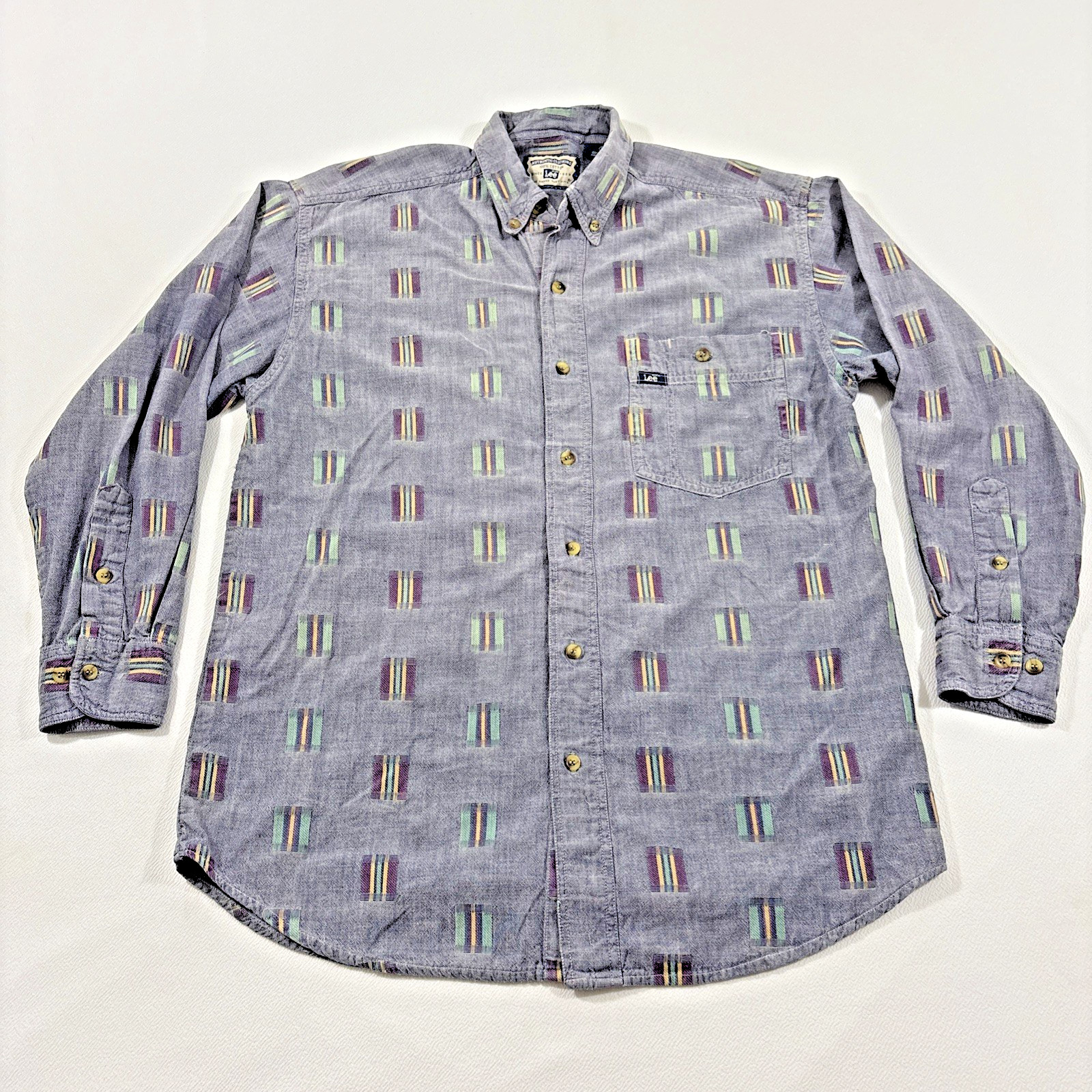 Vintage Lee Shirt Men’s S Blue Southwest Geometric Patch Long Sleeve Western