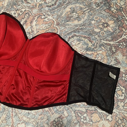 Vintage Corset Bustier Red Black Brocade Lace Gothic Cosplay Coquette Plus 4X - Picture 7 of 14