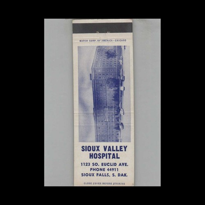 #ad Matchbook Cover Sioux Valley Hospital Sioux Falls SD $5.95