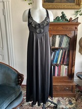 Vintage Black Nylon And Sheer Lace Pointed Bodice Long Nightgown Size S 70s 80s
