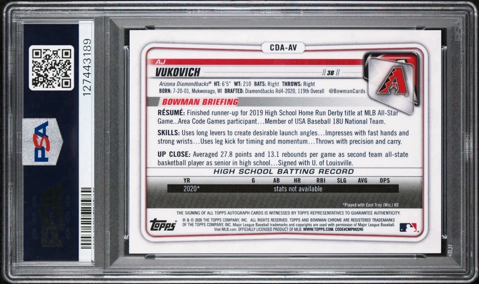 2020 BOWMAN DRAFT AJ VUKOVICH /50 CHR.DP AUTO-GOLD PSA 9 - Image 2 of 4