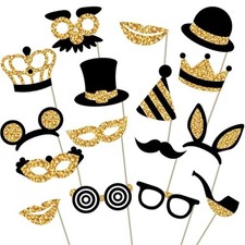 Premium Birthday Photo Booth Props Kit, 16 Black & Gold (No Glitter), Durable...