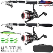 2PCS Carbon Fiber Fishing Rods & Reels Combo Full Kit Fishing Lures Tackle New