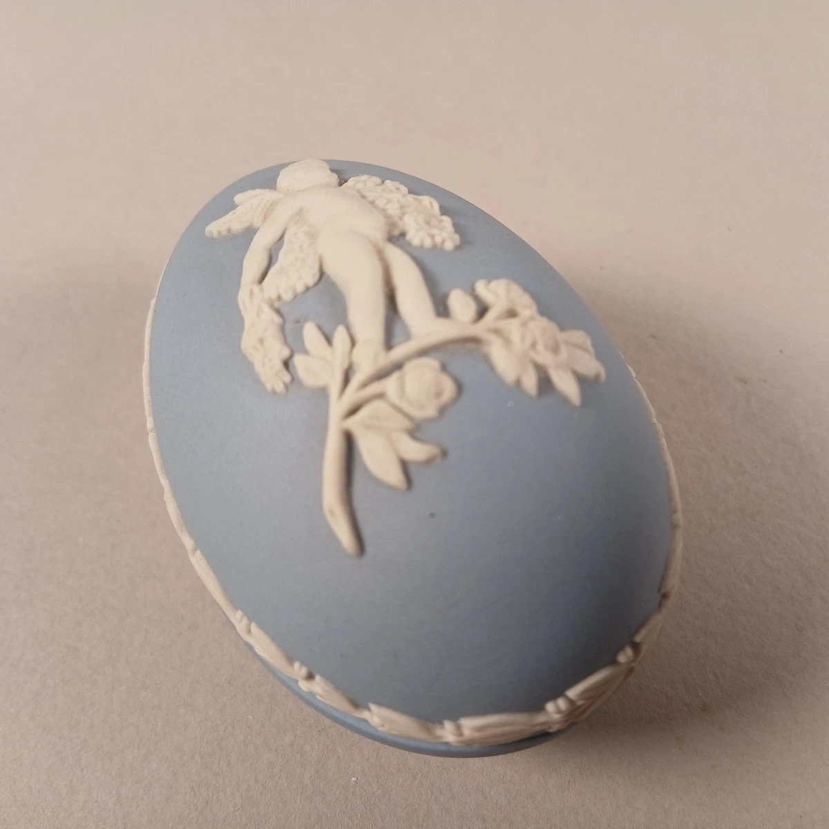 Wedgwood Blue Jasperware Egg-Shaped Cherub Trinket With Original Box