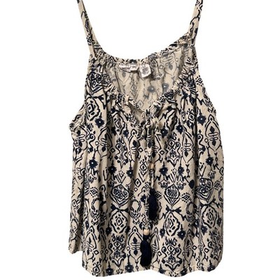 Midnight Sky Blue White Medallion Boho Tassel Tie Front Camisole Top M
