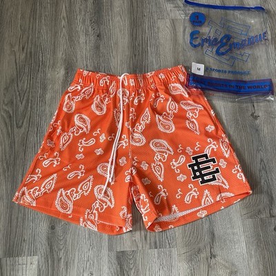 Eric Emanuel Paisley Orange Mesh Basketball Shorts Drawstring Logo