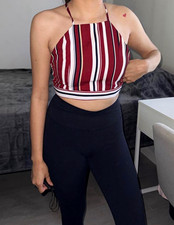 Women s S Red/White/Black Striped Halter Knit...