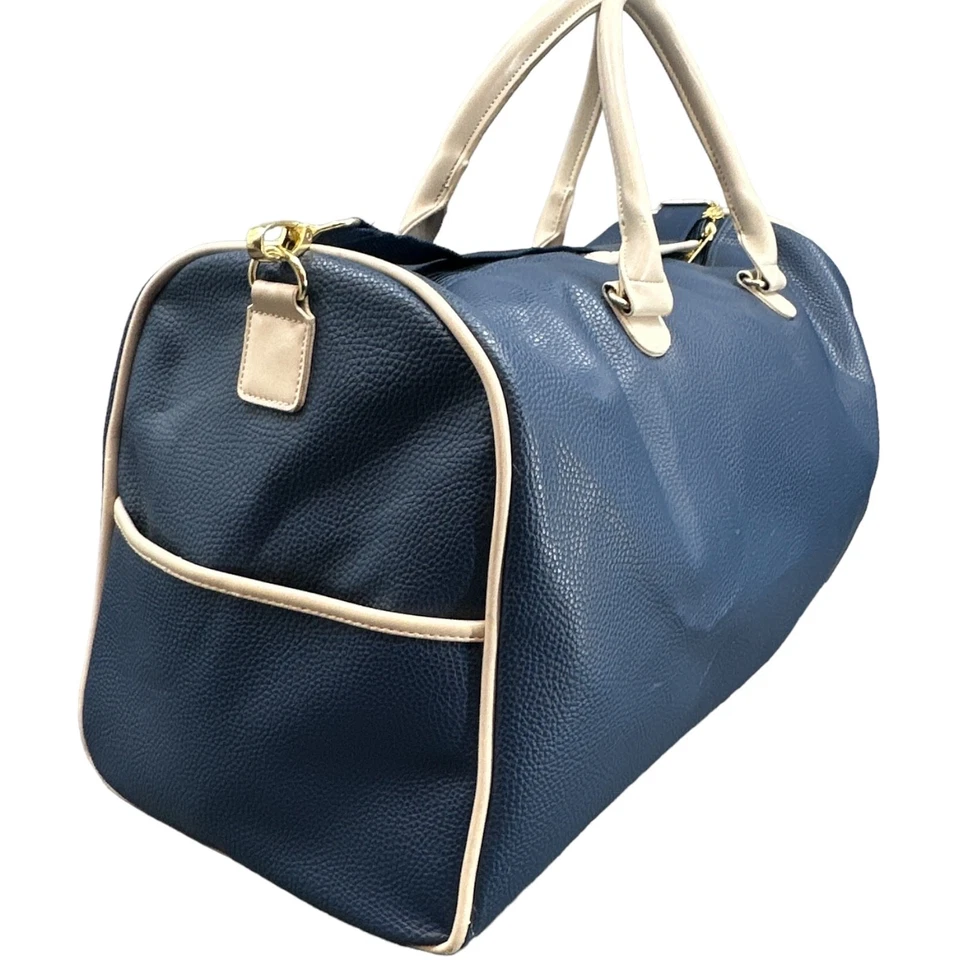 Bolso de Lona de Viaje para Pasar la Noche Nicole Miller Azul Beige Guijarro Imitación Cuero Preppy Foto 4 de 4