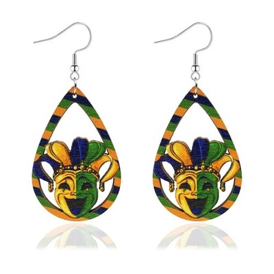 Mardi Gras Wooden Dangle Earrings for Women Carnival Theme Mask Fleur De Lis Dan