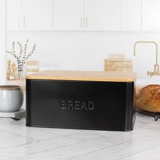 ZICOTO Beautiful Bread Box With Wooden Lid For Your Kitchen Countertop Black 