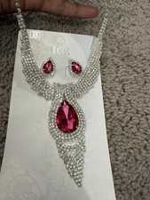 Pink Rhinestone Silver Crystal Fuchsia Pageant Necklace Jewelry Set Earring