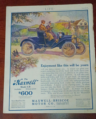 1911 Maxwell Automobile Ad   Brass Era Model AB   LIFE Magazine Back Cover