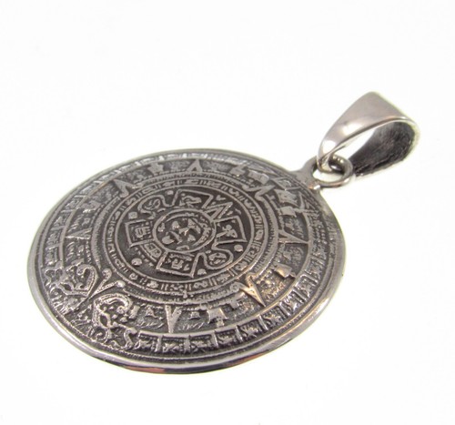 Solid 925 Sterling Silver Mayan Calendar Aztec Sun Stone - Zodiac Wheel Pendant - Picture 6 of 7